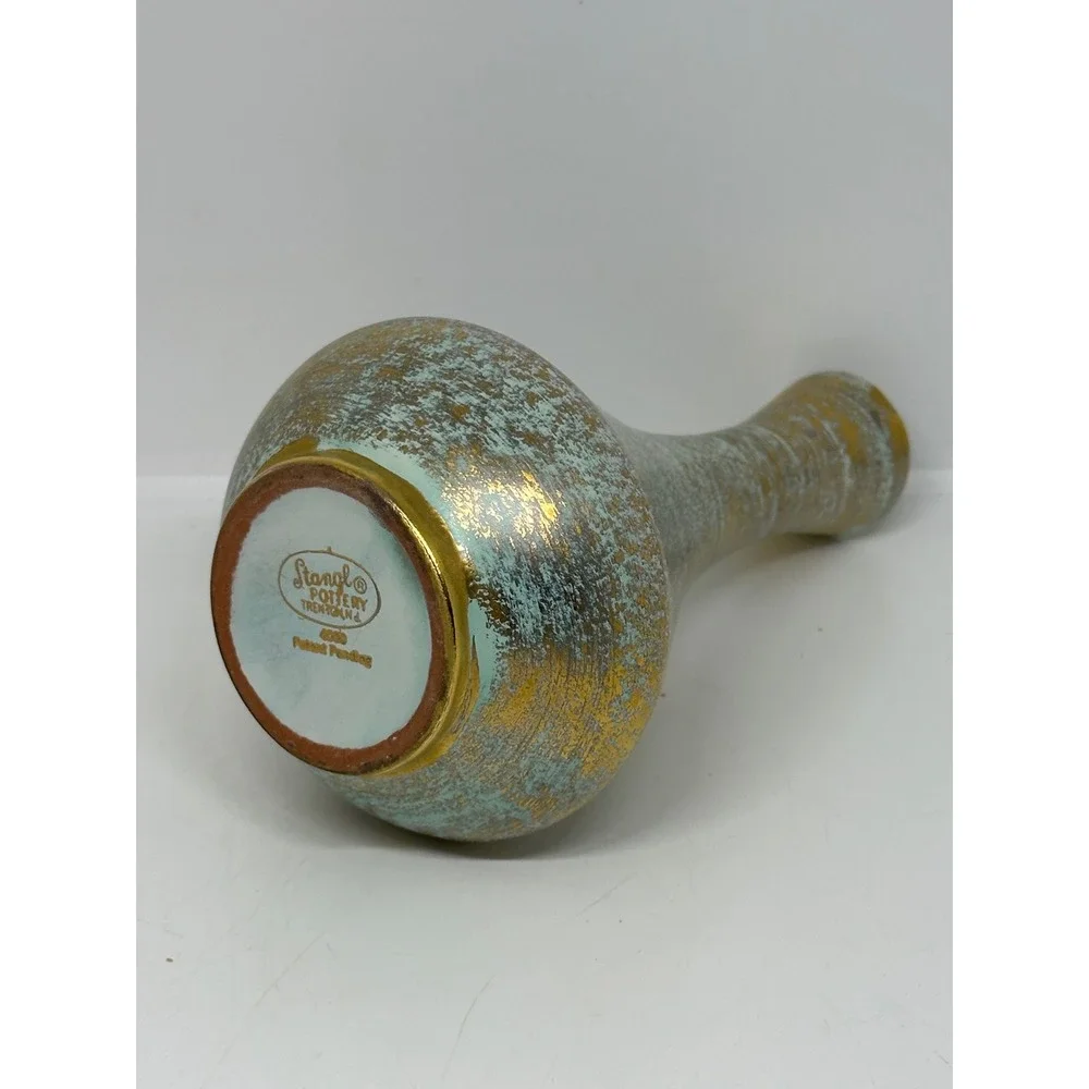 VTG Stangl Pottery Vase Gold Aqua Blue Spatter Glaze Mid Century Modern 4080